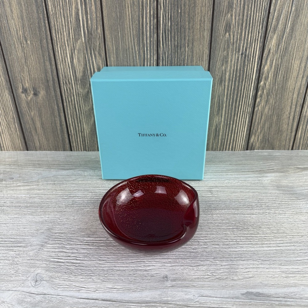 Tiffany & Co Elsa Peretti Thumbprint Dish Red Venetian Glass 24K Gold 5" Box